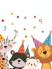 Fototapeta premium Adorable Animals Birthday Party - Cute cartoon animals wearing party hats celebrate a birthday. Perfect for invitations, cards, or children's products