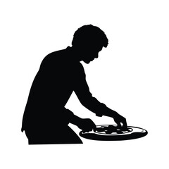 Black silhouette of a young DJ operating his turntable equipment skillfully, person cutting pizza silhouette vector illustration