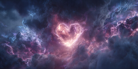 Captivating cosmic nebula forms a radiant heart shape, glowing with ethereal pink and blue light amidst swirling, dark clouds, inspiring wonder and universal love.