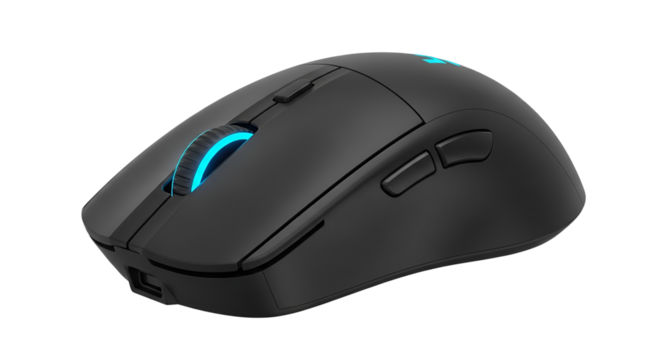 Black wireless gaming mouse with glowing details isolated PNG with Transparent Background