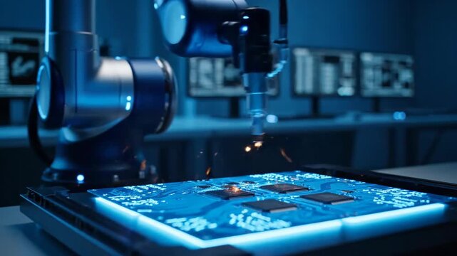 Robotic Arm Welding Circuit Board with Sparks - Advanced Manufacturing Technology