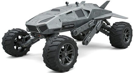 Gray futuristic allterrain vehicle with large tires and articulated suspension on a white background