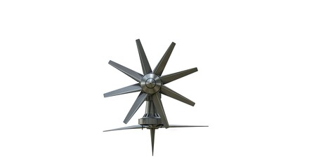 Gray wind turbinelike metal structure with eight blades and three fins on a white background