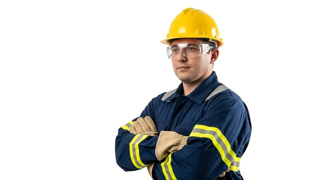 Man in yellow hard hat safety glasses blue work suit and tan gloves poses with arms crossed