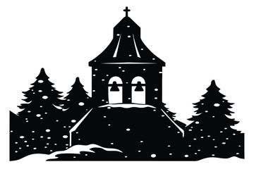 snow covered bell tower silhouette vector art icon