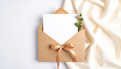 Fototapeta premium Elegant Gift Card Mockup: Kraft Envelope with Blank Note and Ribbon on Cream Fabric