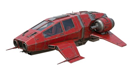 Red spaceship featuring a cockpit wings and a rear engine isolated on a white background