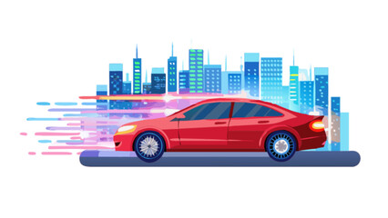 Red car driving fast in urban city landscape transportation auto vehicle travel design