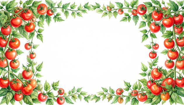 Red Tomatoes and Green Leaves Forming a Frame Border on White Background
