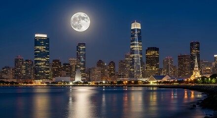 Obraz premium Cityscape at Night with Full Moon.