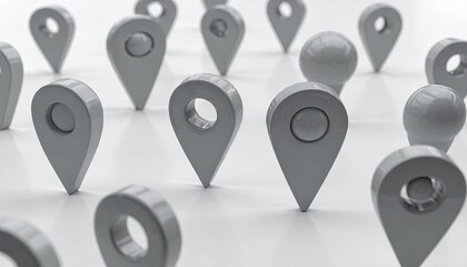 Grey 3D Plastic Location Pins on White Background