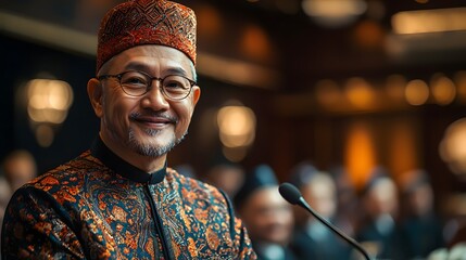 A smiling Asian man in traditional ethnic attire speaks at a formal business conference