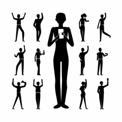 Obraz premium Silhouetted Figure Collection: A compilation of human figures, rendered in solid black silhouette, embodying a spectrum of poses, actions, and interactions.