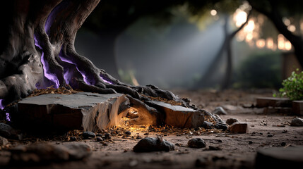 Glowing Roots Underneath a Tree Trunk on Stone Slabs

