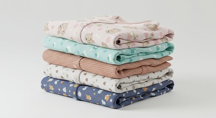 Stack of five folded baby sleep sacks with pastel colors and patterns on a white background
