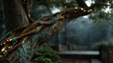 A Tree Branch with Glowing String Lights and Blue Moss in a Forest