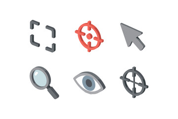 isometric icon items isolated on white background focus circle arrow point lens eye crosshair lines