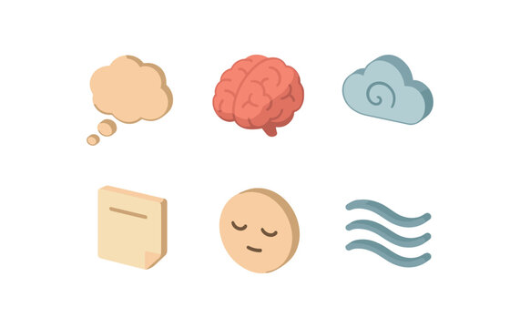 isometric icon items isolated on white background thought brain icon swirl cloud paper note calm face flow lines