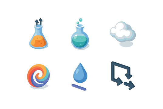 isometric icon items isolated on white background chemical reaction flask bubble gas cloud color swirl drop line arrow flow