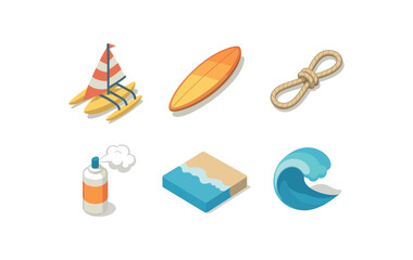 isometric icon items isolated on white background trimaran surfboard long hull rope ties foam spray tide line ocean curl