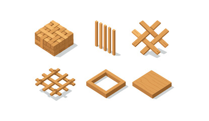 isometric icon items isolated on white background woven mat panel reed strips cross weave tied edges wood frame floor base