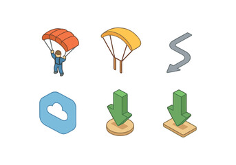 isometric icon items isolated on white background sky jump glide wide canopy rope straps glide path open sky landing arrow