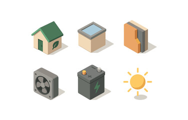 isometric icon items isolated on white background eco dwelling skylight roof insulated walls fan vent battery pack sun glow. isometric icon items isolated on white background reuse craft