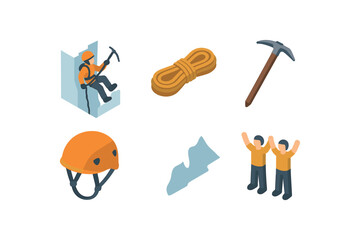isometric icon items isolated on white background crevasse climb rescuer rope line ice axe helmet head snow ridge team signal