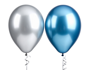  Single Silver and Blue Metallic Balloon Pair with Curved Ribbons, Side Angle, PNG