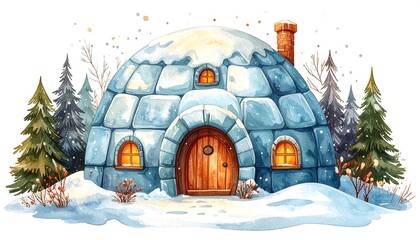 Watercolor igloo in snowy forest