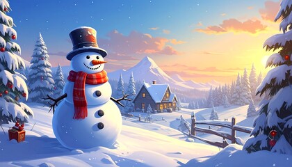 A serene winter scene showcases a cheerful snowman positioned amidst a snowy landscape featuring a cozy cabin and snow-covered evergreen trees, bathed in warm, inviting light.