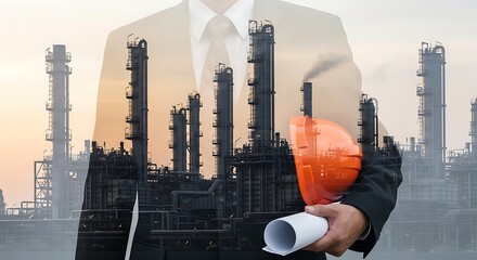 Professional engineer holding blueprint and hard hat against industrial refinery backdrop at sunrise