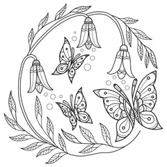 Butterfly flying and beautiful flowers hand drawn for adult coloring book