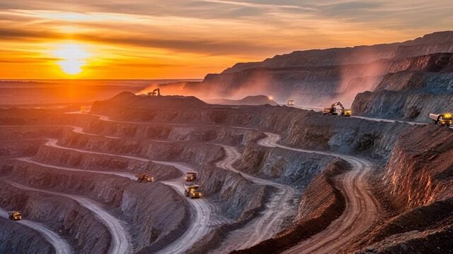 Aerial View of Open Pit Mining at Sunset, Heavy Equipment at Work