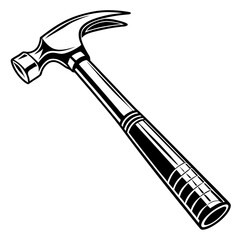 A black and white graphic illustration of a claw hammer with a metal head and a striped handle isolated on a white background representing construction and diy
