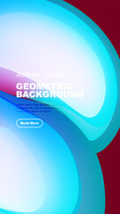 Vibrant geometric background features overlapping shapes, text, button. Modern design utilizes gradients, bright colors, abstract elements.