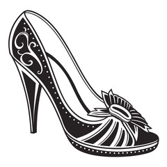 Elegant black and white illustration of a high heeled shoe adorned with decorative swirls and a floral embellishment perfect for fashion or design concepts