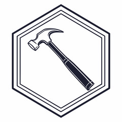 A classic claw hammer tool is depicted in a stylized graphic design with a dark outline within a hexagonal frame representing construction repair and diy projects
