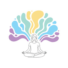 Woman meditating in lotus position, colorful thoughts waves around her. Showing Peace calm of mind.