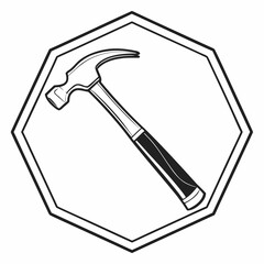 A stylized black and white illustration of a claw hammer positioned diagonally within a geometric octagonal frame representing construction and diy projects