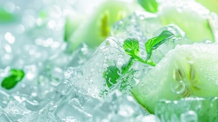 Fresh Green Cucumber Slices with Mint Leaves in Ice Water