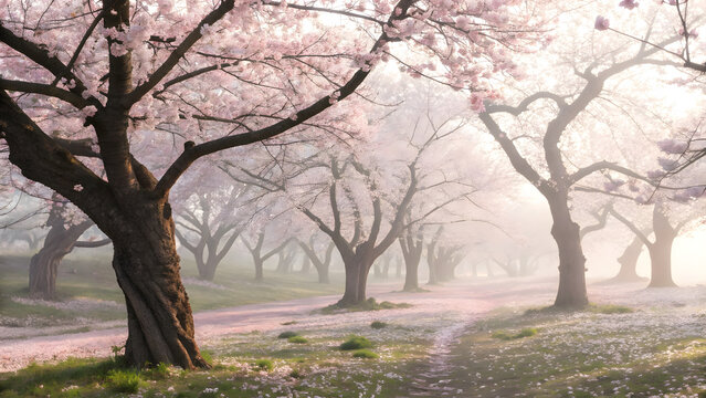 Enchanted forest path illuminated by fairy lights amidst ancient trees