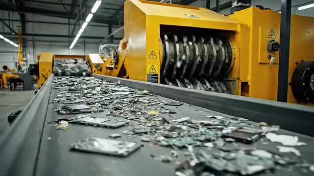 Electronic waste components move along a conveyor belt towards large yellow industrial shredding machinery in a modern recycling facility.