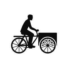 Naklejka premium Silhouette of a man riding a cargo bike isolated on white background, transporting goods with pedal power.