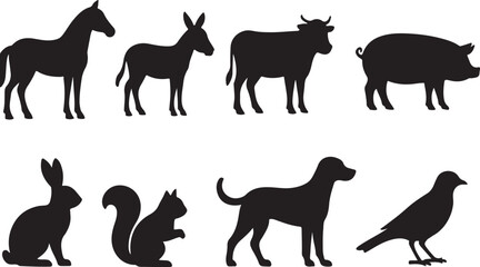 Obraz premium Collection of silhouette farm animals and wildlife including horse donkey cow pig rabbit squirrel dog and bird for design elements silhouette