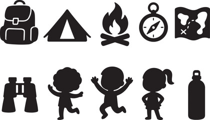Adventure icons set backpack tent fire compass map binoculars children and water bottle for outdoor camping and exploration graphics silhouette