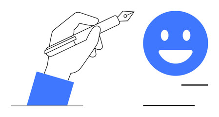 Hand holds fountain pen poised for writing, next to smiling face with vibrant blue color. Ideal for creativity, communication, positivity, design, education, branding, and simple landing page