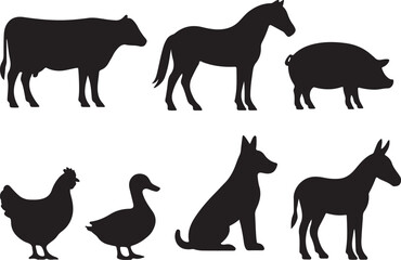 Fototapeta premium Collection of diverse farm animal silhouettes including cow horse pig chicken duck dog donkey for agricultural and livestock themed concepts silhouette