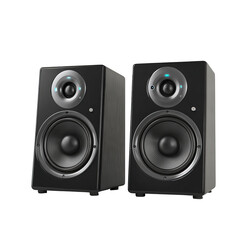 Two black stereo speakers