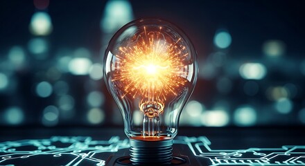 Exploding glowing light bulb on a circuit board, symbolizing innovation and brilliant new ideas in technology.